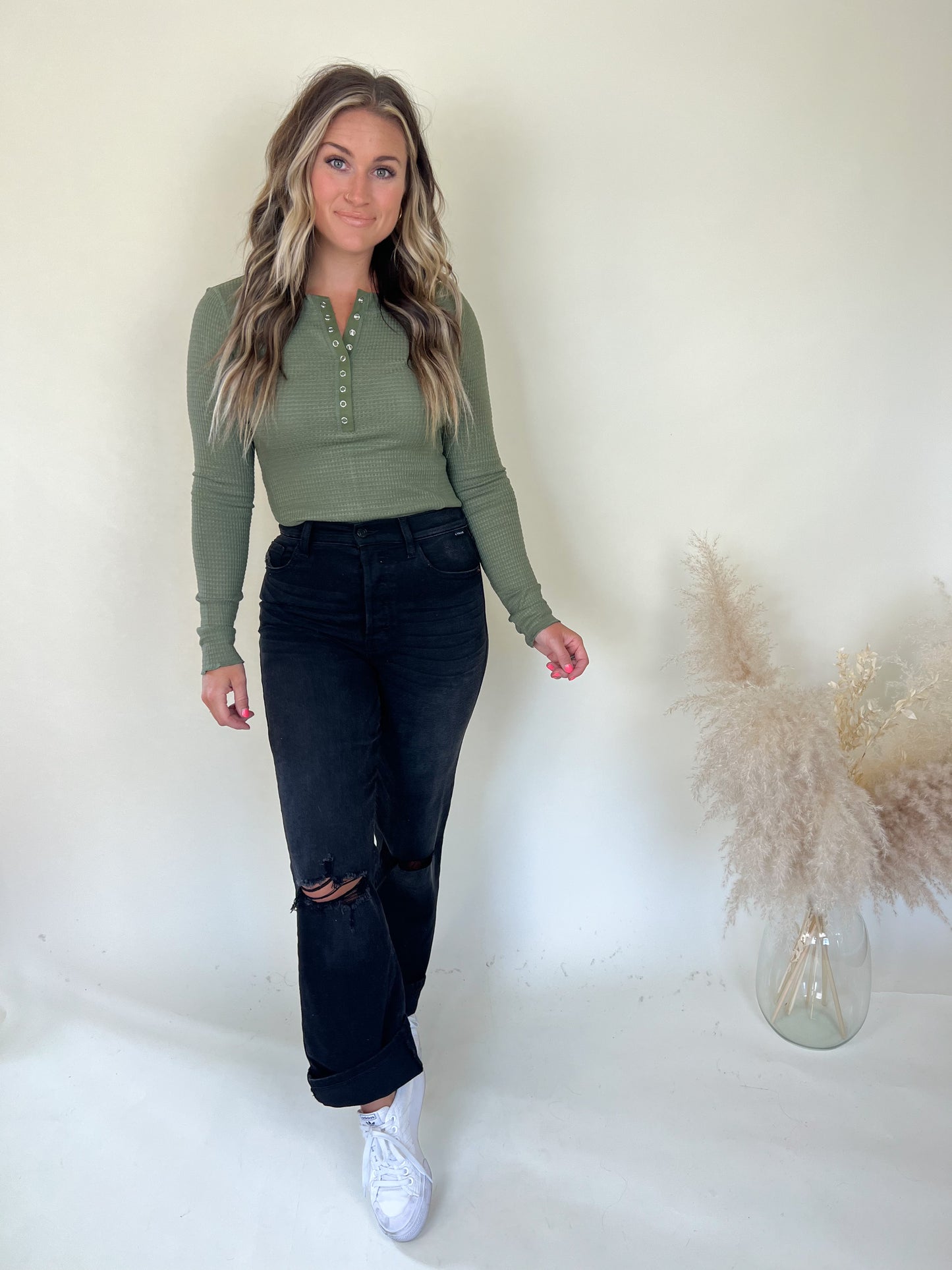Best Life Waffle Knit Top | Light Olive