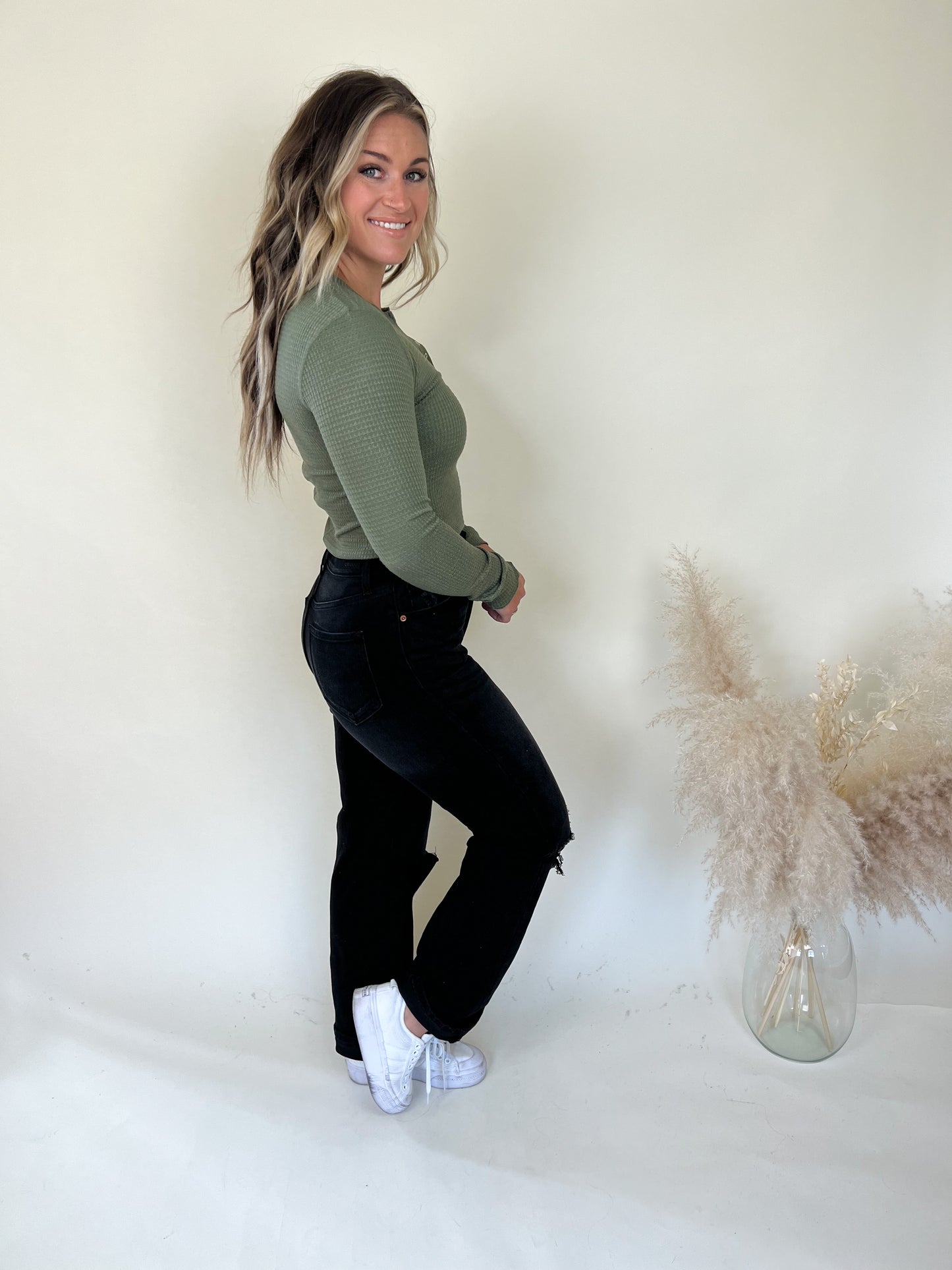 Best Life Waffle Knit Top | Light Olive
