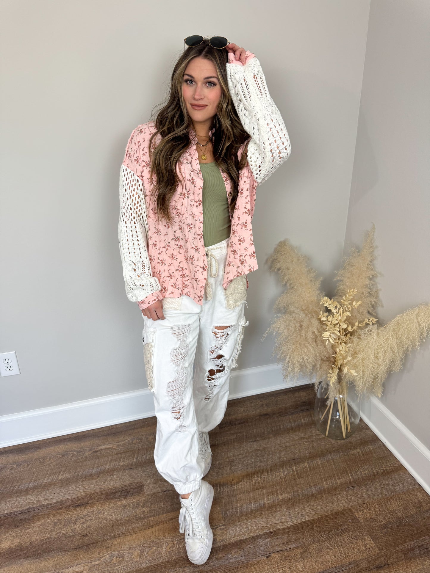 Miami Crochet Button Up Top | Pink Floral