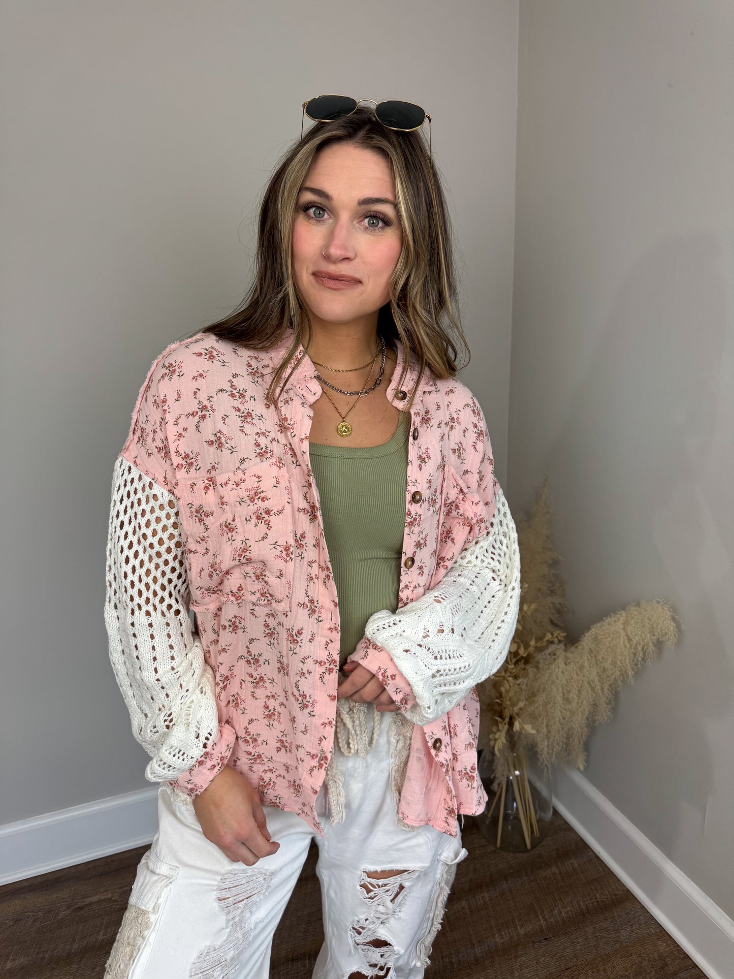 Miami Crochet Button Up Top | Pink Floral