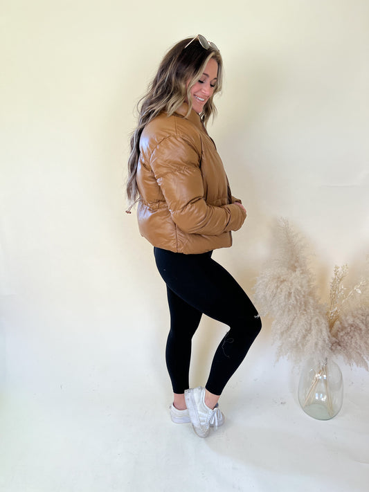 Cold Days Faux Leather Puffer | Brown FINAL SALE