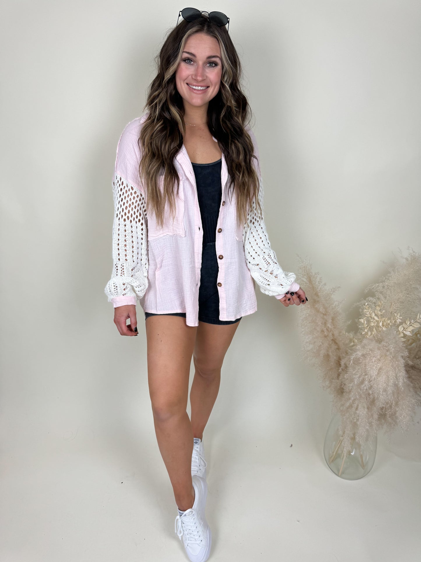 Miami Crochet Button Up Top | Baby Pink