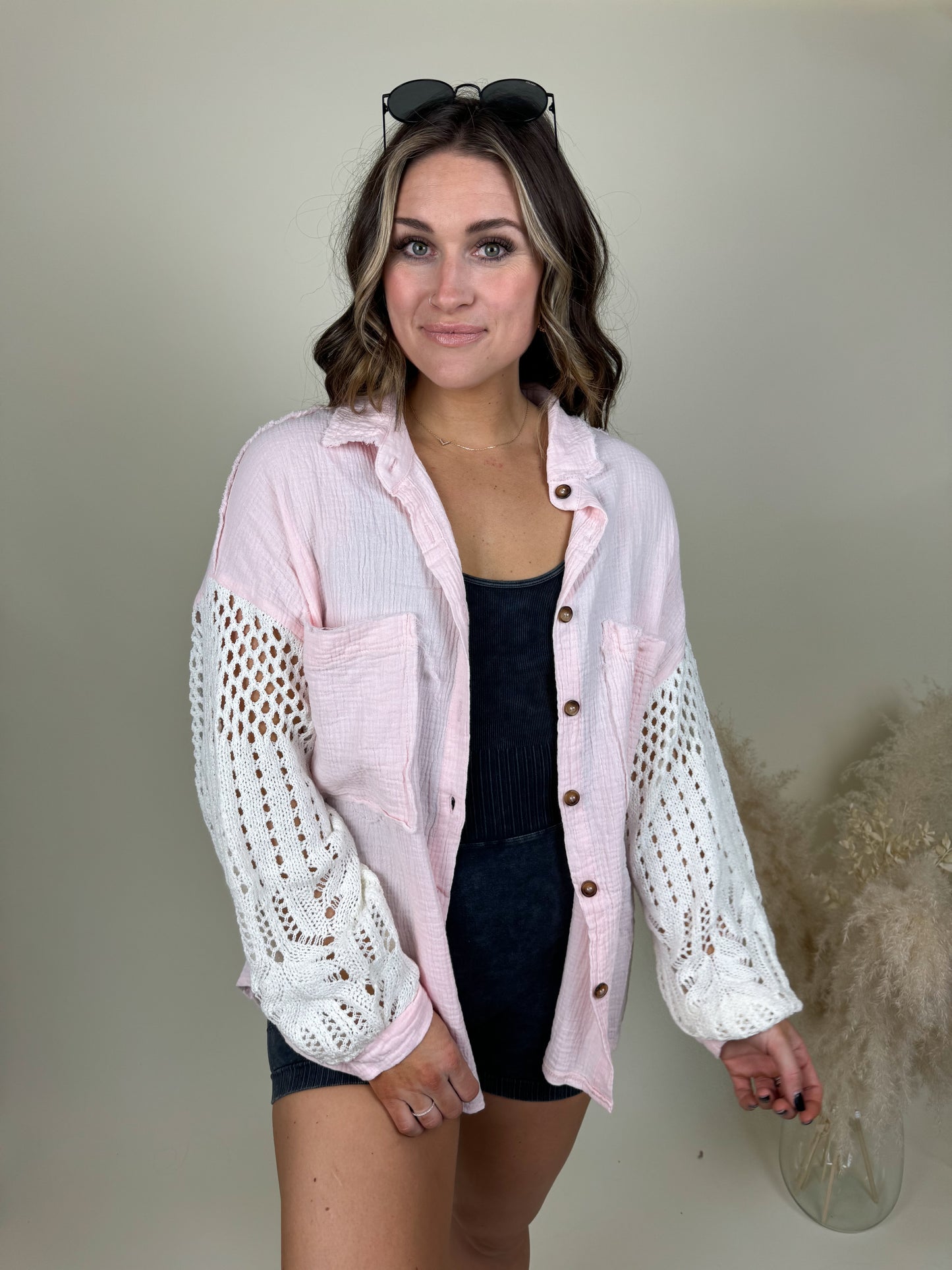 Miami Crochet Button Up Top | Baby Pink