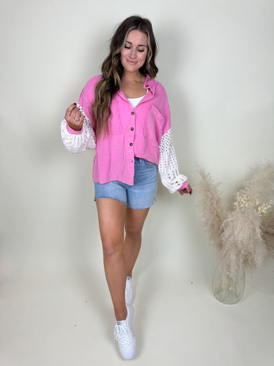 Miami Crochet Button Up Top | Bubblegum Pink