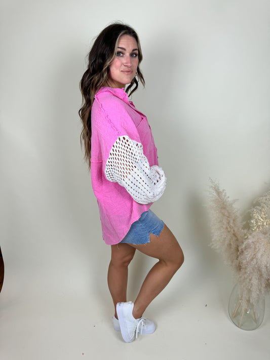 Miami Crochet Button Up Top | Bubblegum Pink