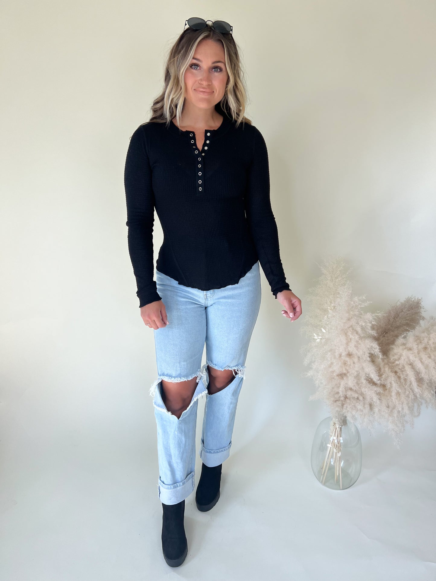 Best Life Waffle Knit Top | Black