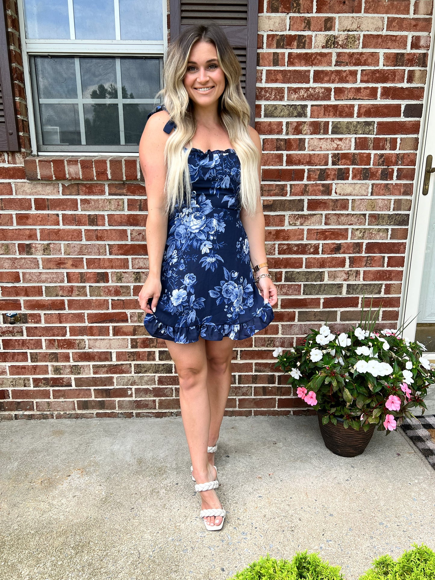 blue floral mini dress with adjustable straps - front