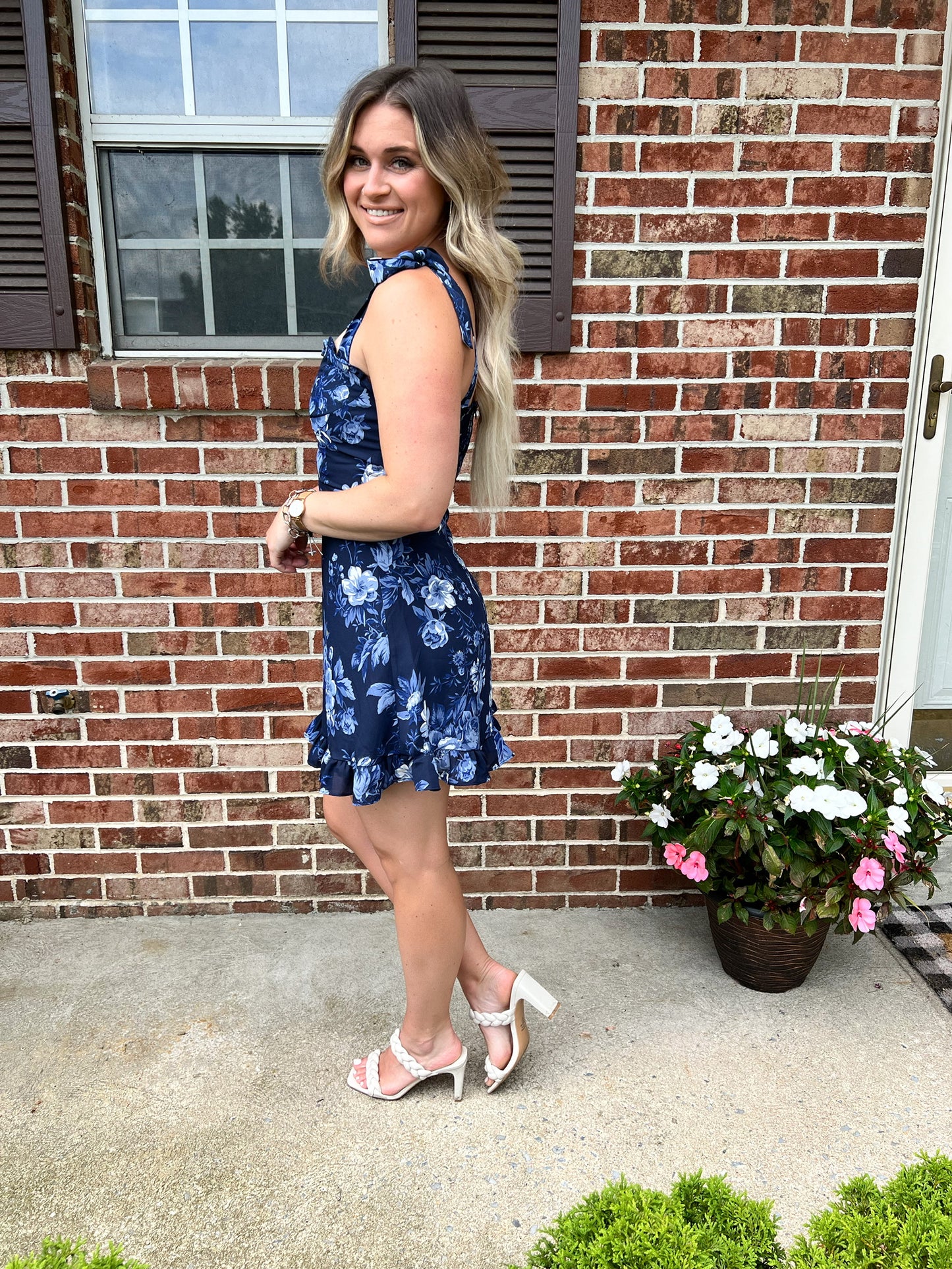 blue floral mini dress with adjustable straps - side