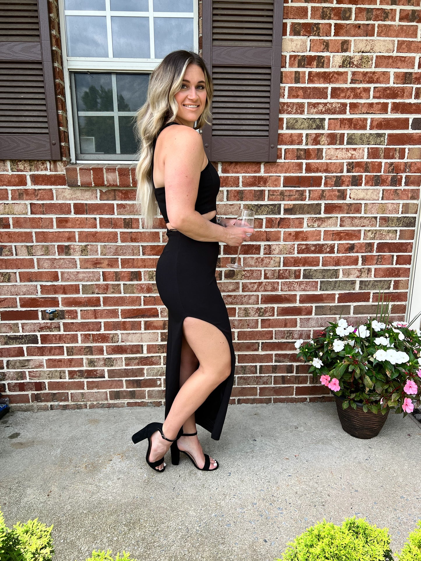black one shoulder midi dress with side slit - side