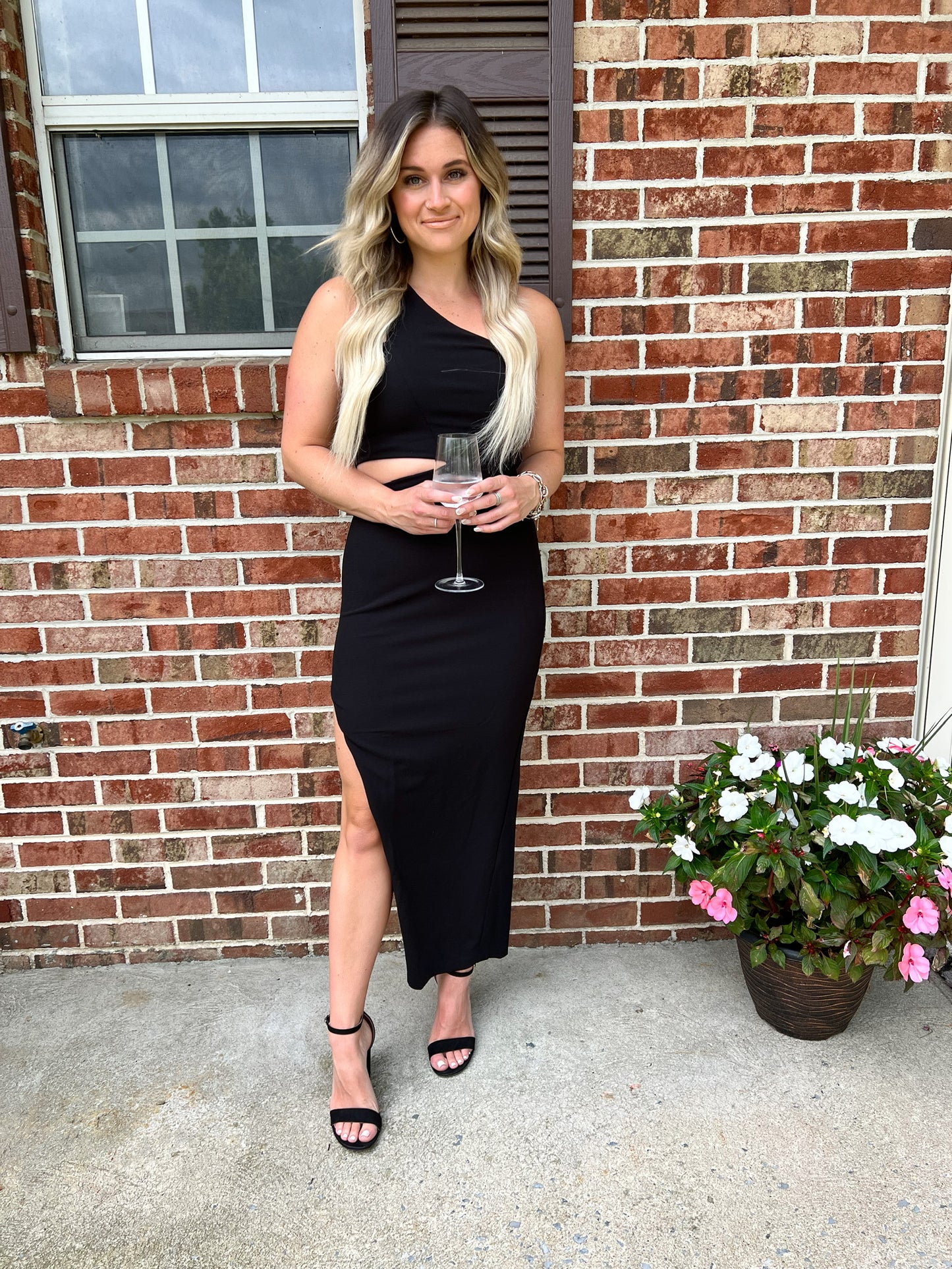 black one shoulder midi dress with side slit - front