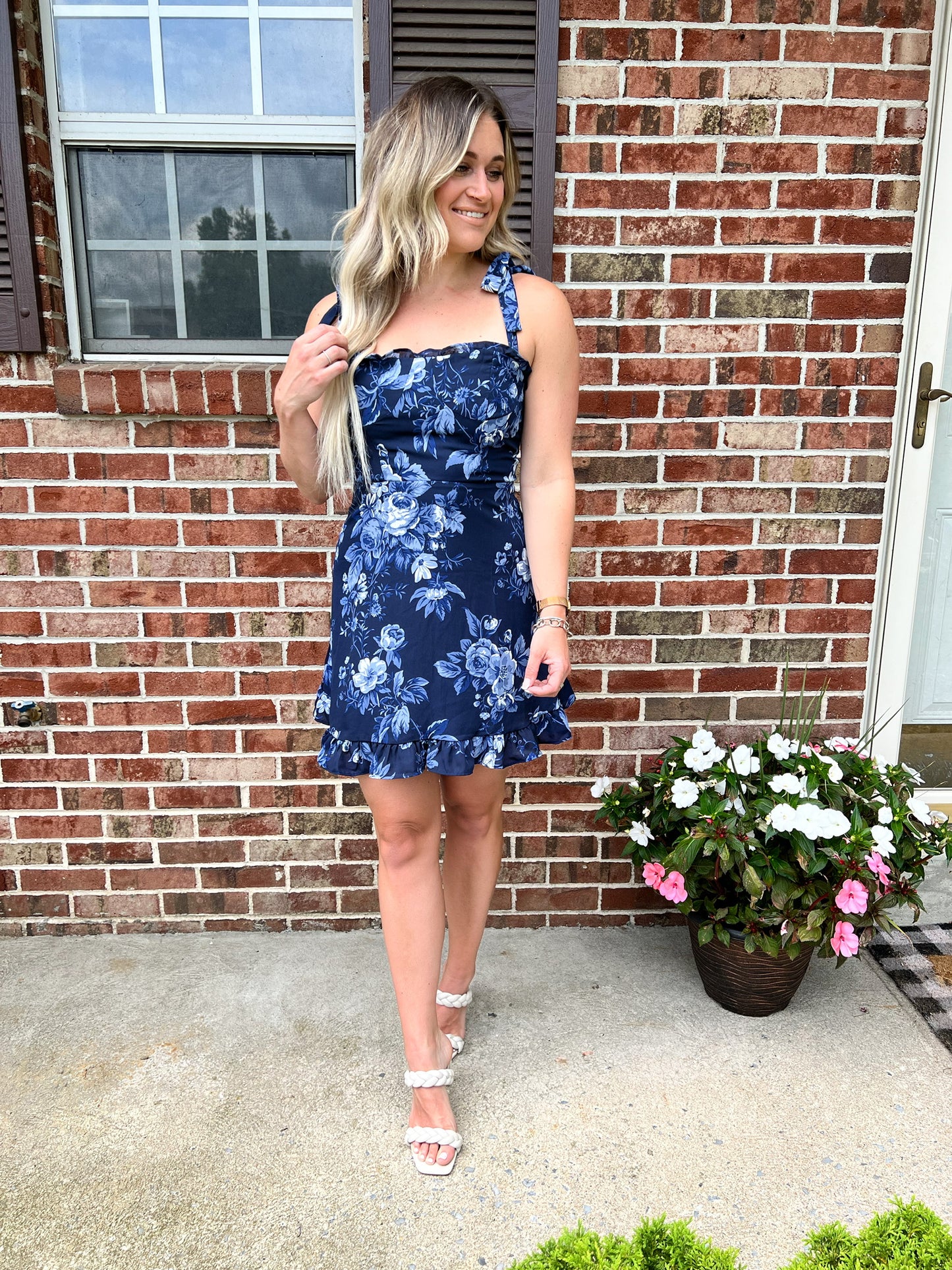 blue floral mini dress with adjustable straps - front