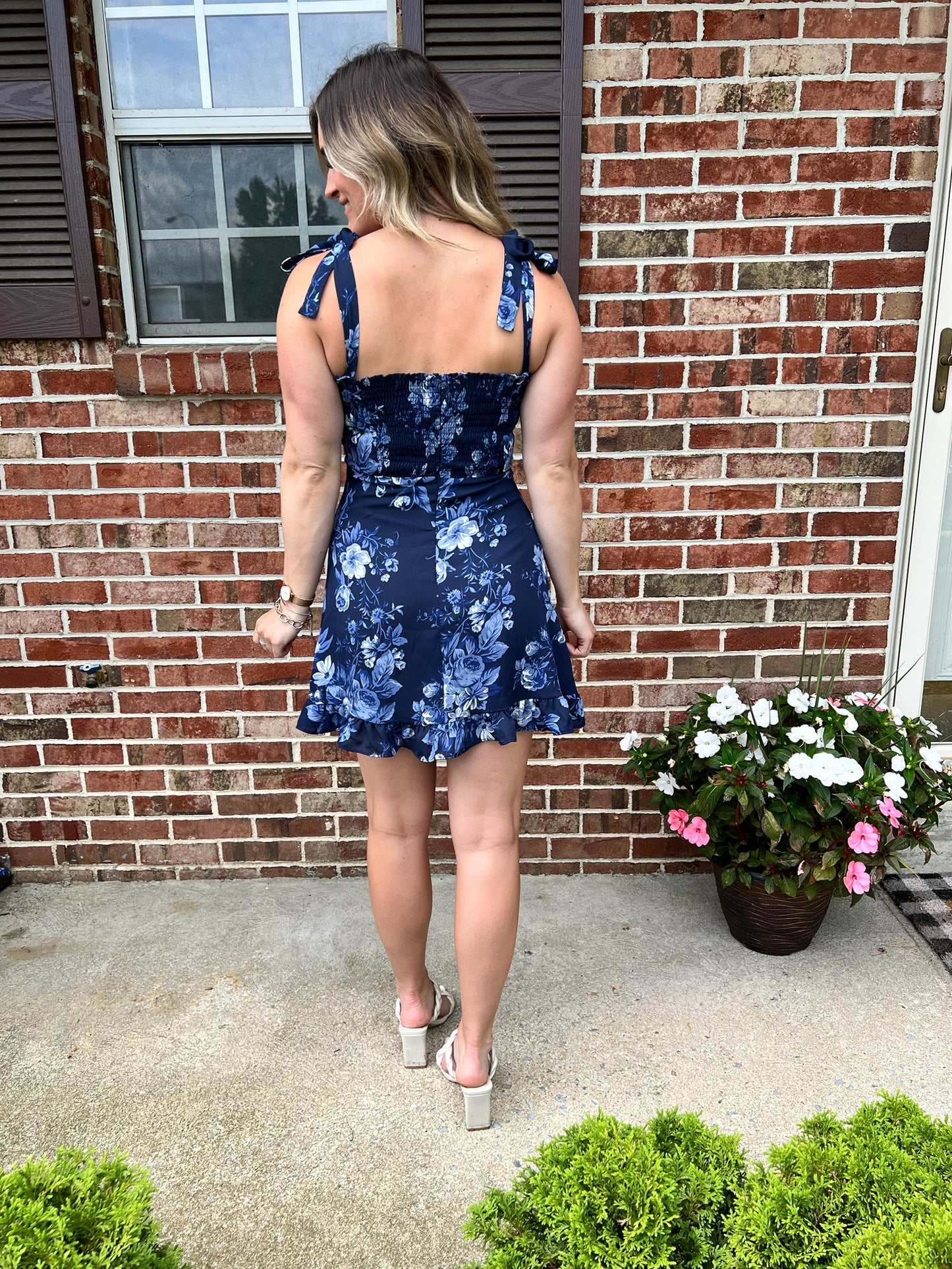 blue floral mini dress with adjustable straps - back