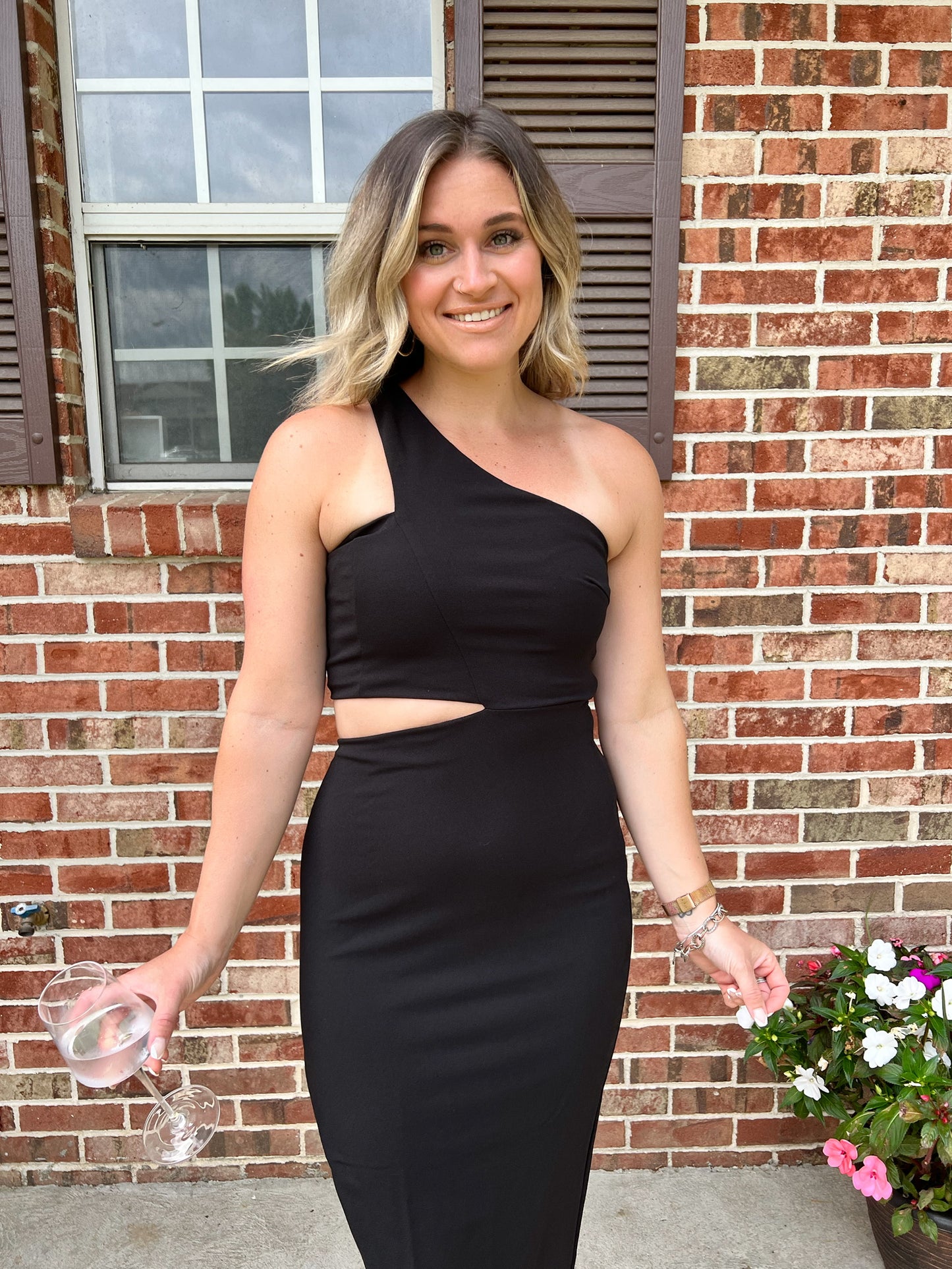 black one shoulder midi dress with side slit - close up