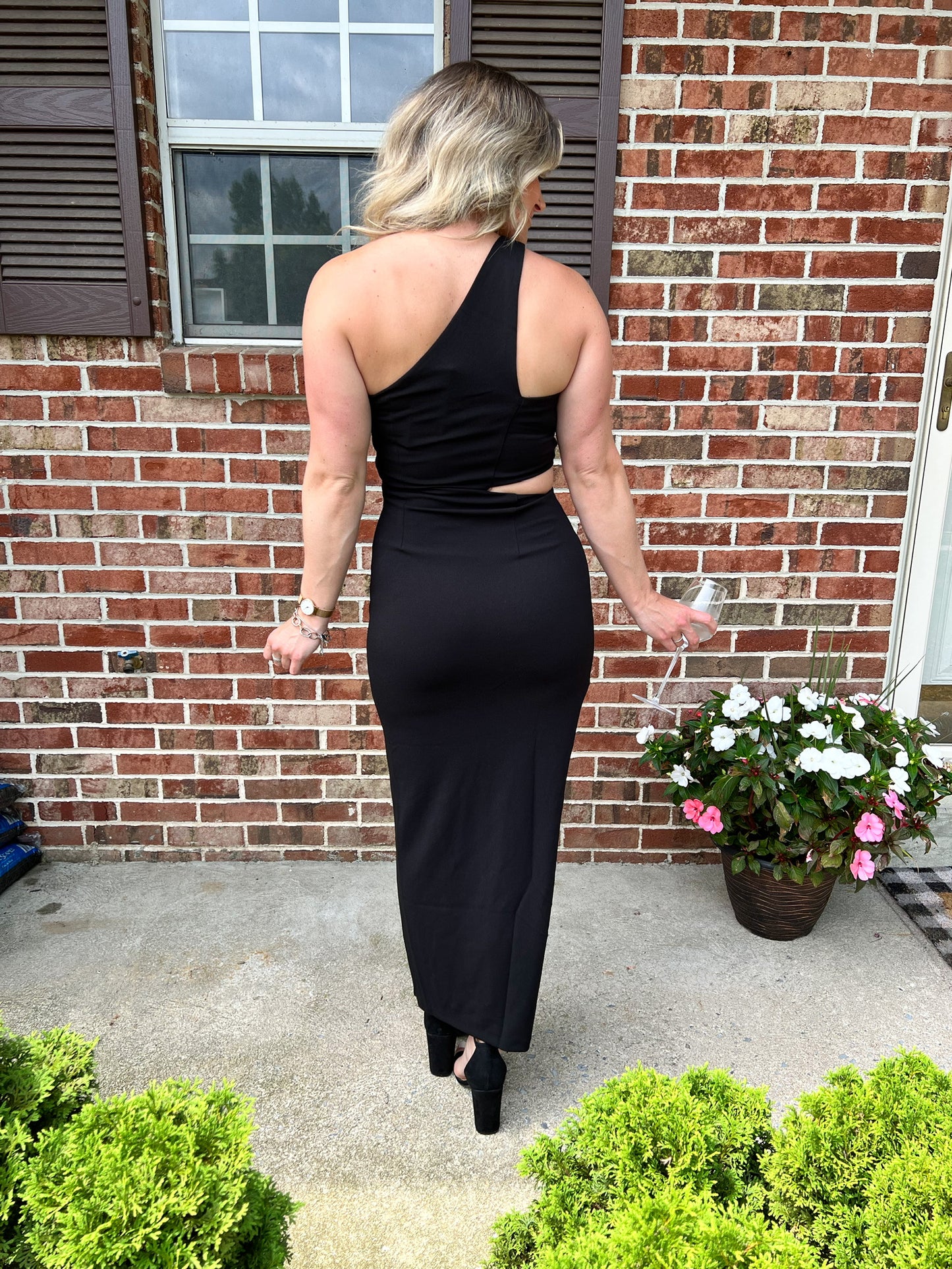 black one shoulder midi dress with side slit - back