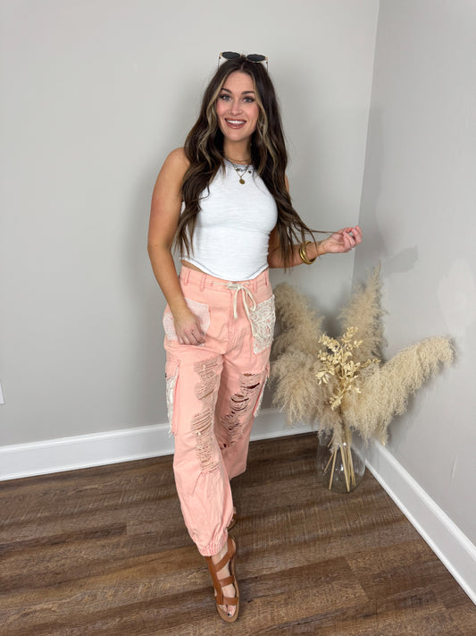 Thunder Distressed Joggers | Peach FINAL SALE