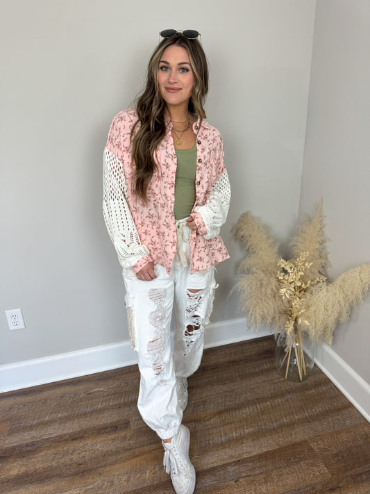 Miami Crochet Button Up Top | Pink Floral
