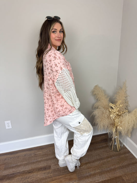 Miami Crochet Button Up Top | Pink Floral