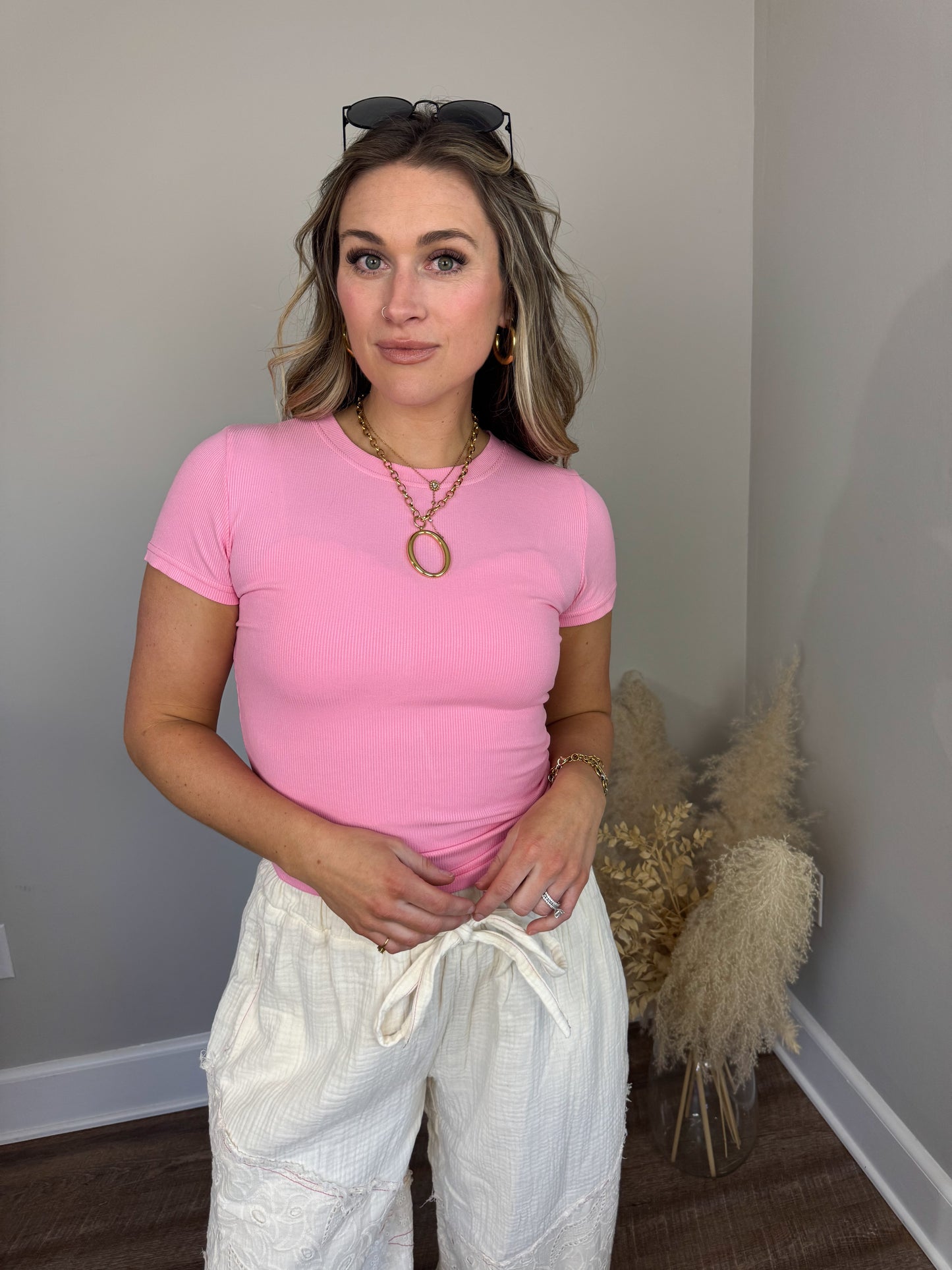 Clark High Neck Short Sleeve Top | Pink