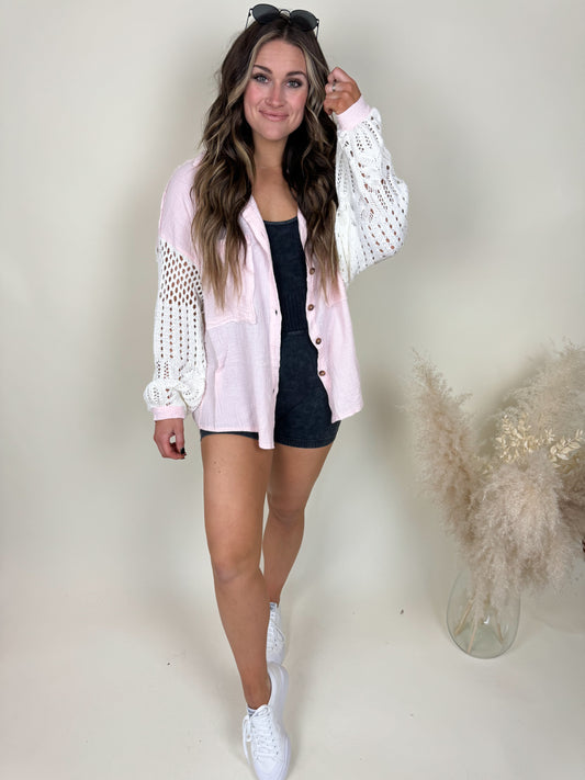 *PRE-ORDER* Miami Crochet Button Up Top | Baby Pink