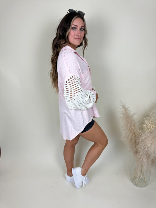 *PRE-ORDER* Miami Crochet Button Up Top | Baby Pink