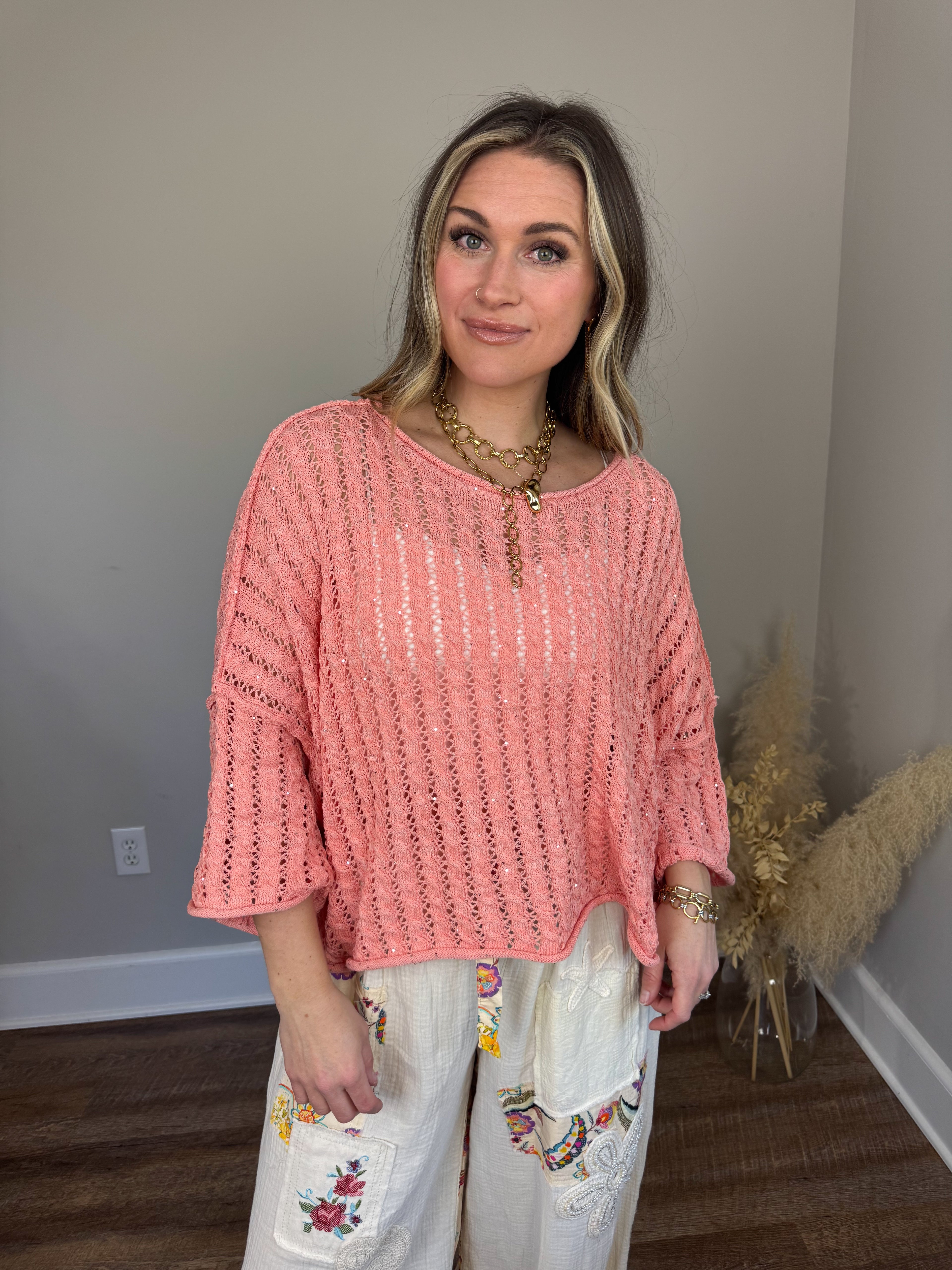 Green Eyes Crochet Sweater | Coral