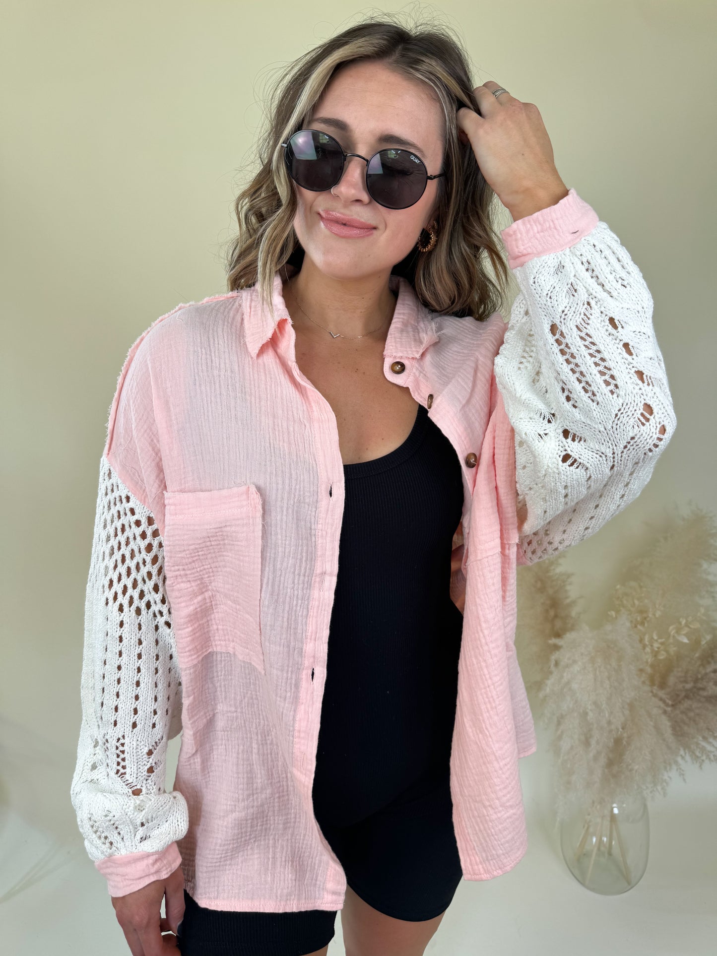 Miami Crochet Button Up Top | Pink