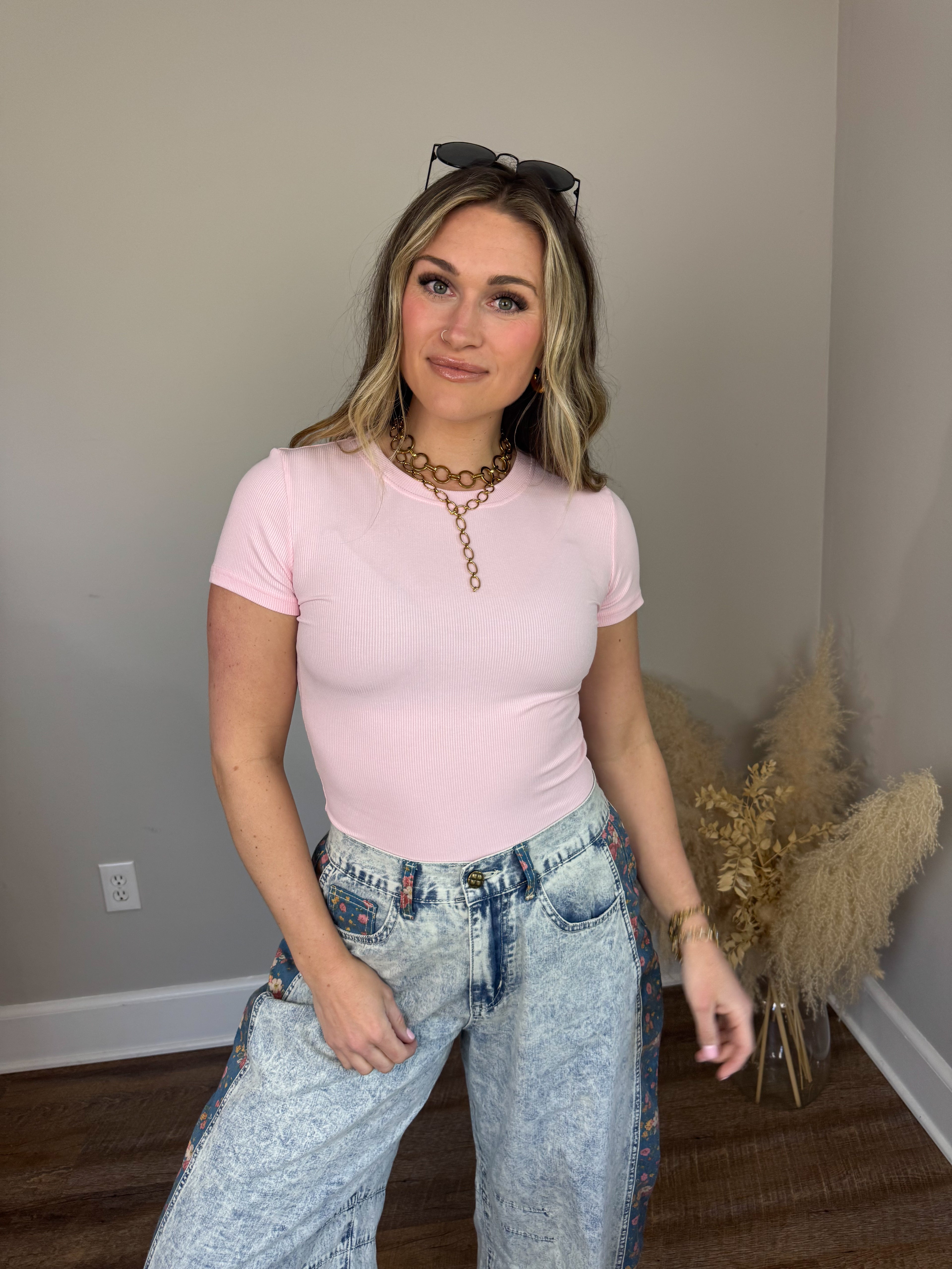 Clark High Neck Short Sleeve Top | Baby Pink