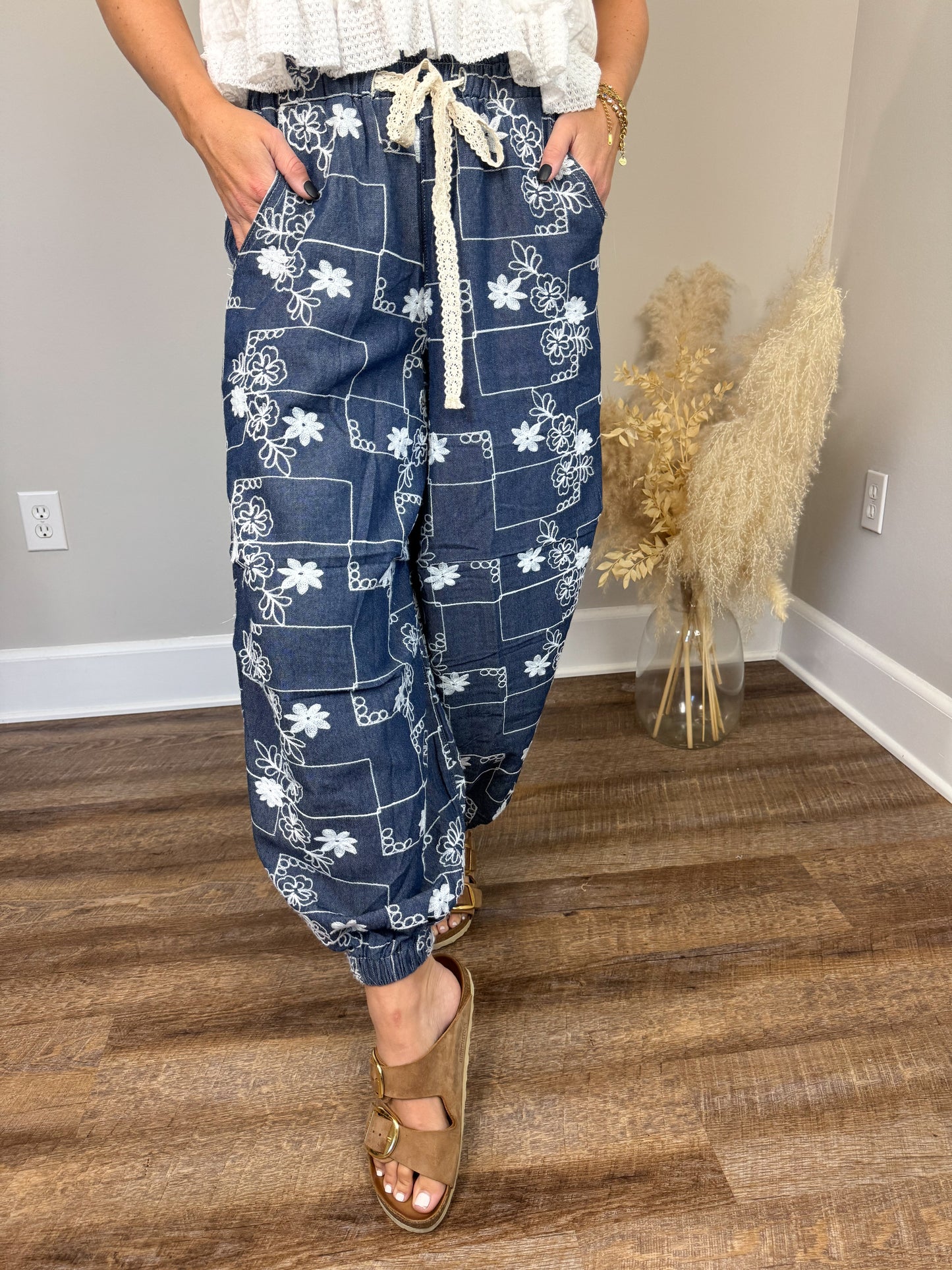 Moonstone Embroidered Joggers | Denim