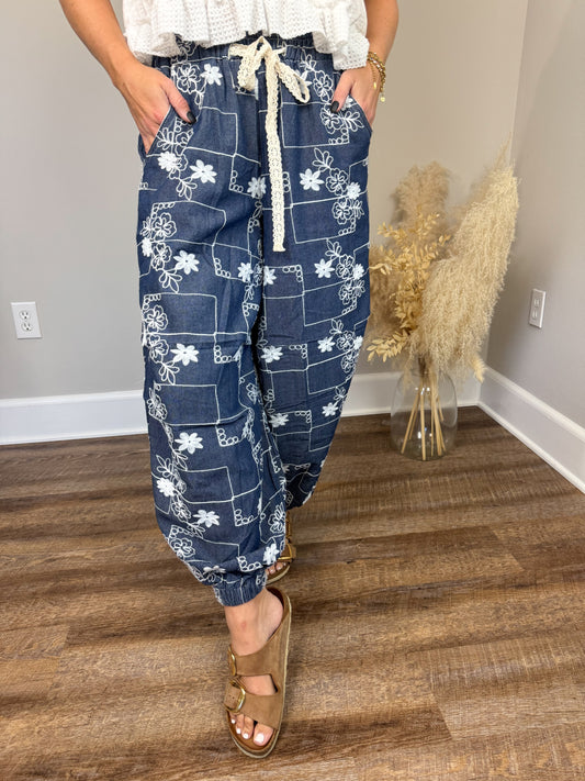 Moonstone Embroidered Joggers | Denim