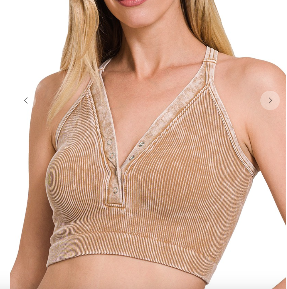 Washed V-Neck Bra Top | Camel NOT PADDED