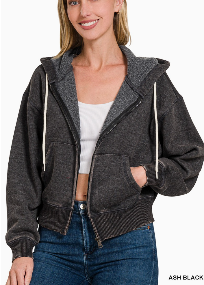 Maple Lane Acid Wash Zip-Up Hoodie | Ash Black
