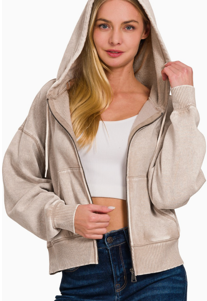 Maple Lane Acid Wash Zip-Up Hoodie | Ash Mocha